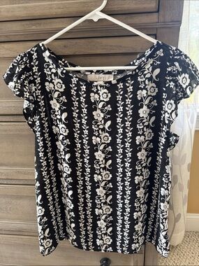 LOFT Black and White Floral Stripe Ruffle Sleeve Top